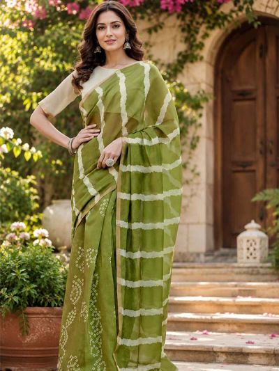  SKU SEJ2618 Ships in 11 days Pre-stitched Chanderi Cotton Saree in Olive Green