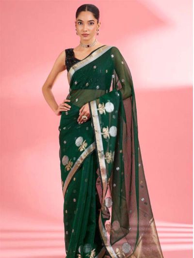 SKU SJTA110 Ships in 16 days Woven Kota Doria Saree in Dark Green 4131 Reviews on 