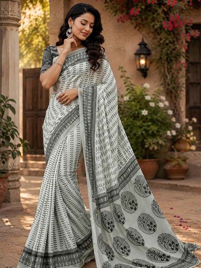  SKU SEJ2619 Ships in 11 days Pre-stitched Chanderi Cotton Saree in White