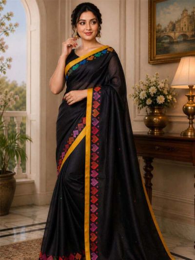 SKU SEJ2609 Ships in 11 days Pre-stitched Chanderi Cotton Saree in Black 4131 Reviews on 