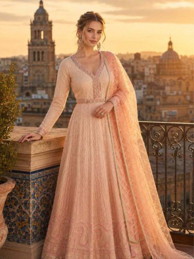  KQT983 Ships in 11 days Chikankari Georgette Abaya Style Suit in Peach 4.0 (4131) on 