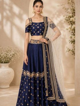 SKU LBU11 Ships in 14 daysNew Hand Embroidered Art Silk Lehenga in Navy Blue 4131 Reviews on 