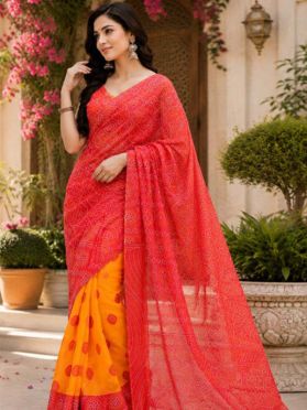 SKU SEJ2615 Ships in 11 days Pre-stitched Chanderi Cotton Saree in Red and Yellow