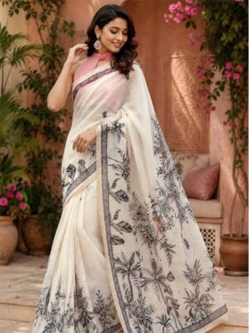 SKU SEJ2622 Ships in 11 days Pre-stitched Chanderi Cotton Saree in Off White