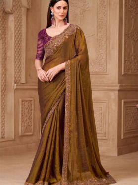 Embroidered Border Satin Georgette Saree in Dark Mustard