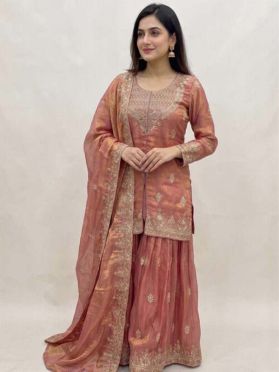SKU LAE272 Ships in 11 daysNew Embroidered Art Silk Lehenga in Peach 4131 Reviews on 