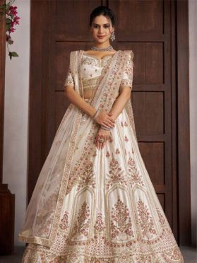 SKU LQY3316 Ships in 11 daysNew Embroidered Art Silk Lehenga in Off White 4131 Reviews on 