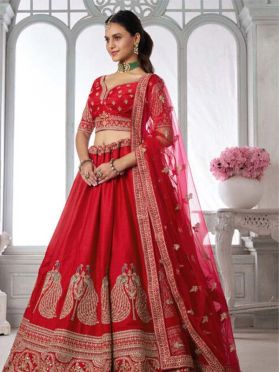SKU LGM1384 Ships in 14 daysNew Embroidered Art Silk Lehenga in Red 4131 Reviews on 