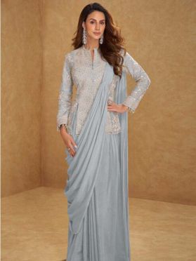 SKU SKGA3240 Ships in 9 days Pre-Stitched Chinon Silk Saree in Dusty Blue