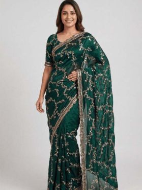 Embroidered Chiffon Scalloped Saree in Dark Green