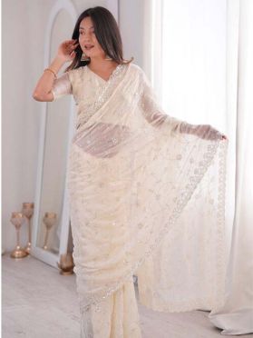 SKU SPTA17067 Ships in 10 daysNew Embroidered Art Silk Scalloped Saree in Cream
