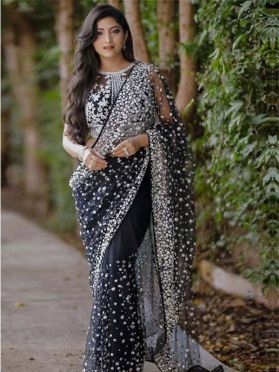 SKU SPTA17079 Ships in 10 daysNew Embroidered Net Saree in Black 4131 Reviews on 