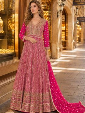  KQT1004 Ships in 11 days Embroidered Georgette Abaya Style Suit in Fuchsia